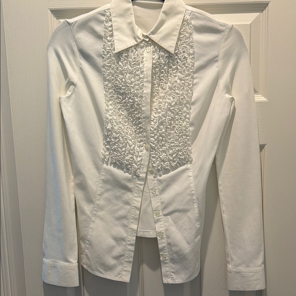 Anne Fontaine Cream Cotton Ruffle-Front Button Down Shirt. Sz 38